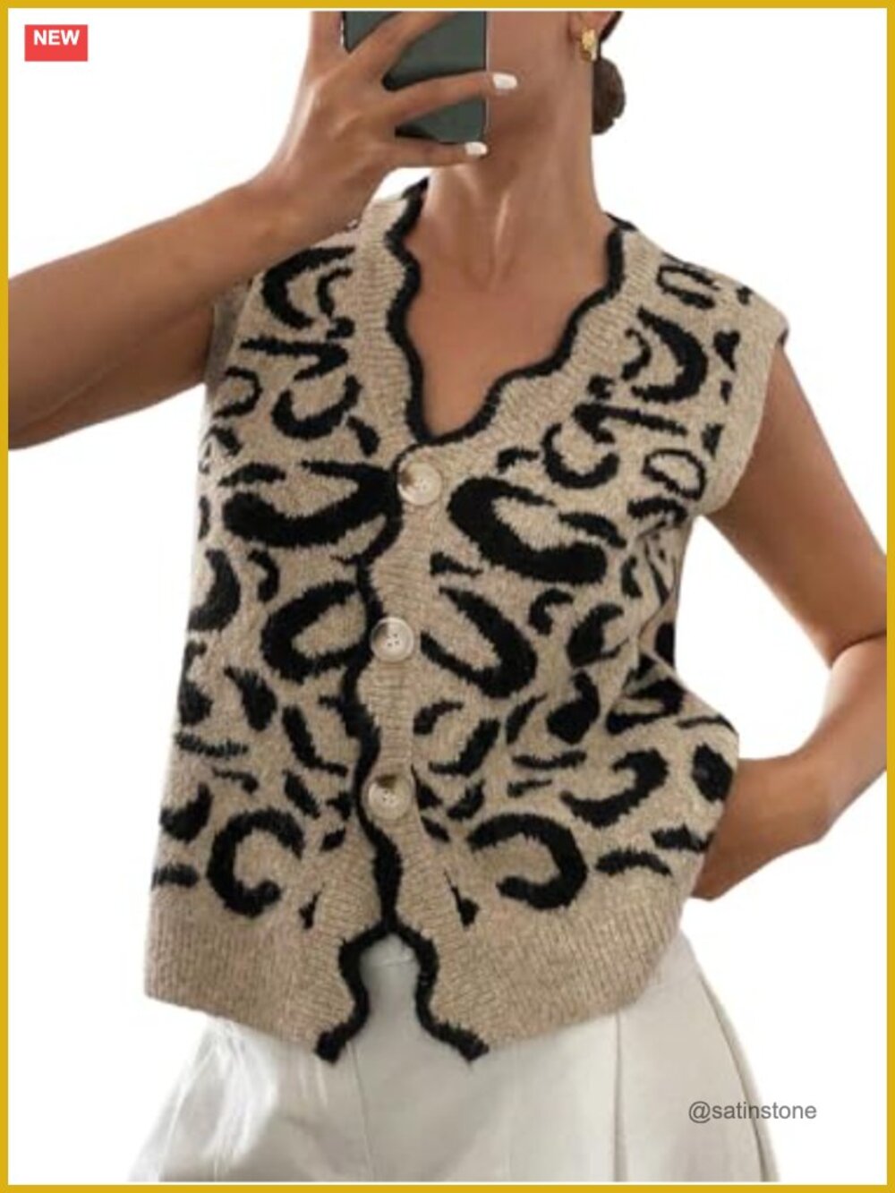 Leopard Print Button Down Sweater Vest V Neck Sleeveless Cardigan Scallop Trim